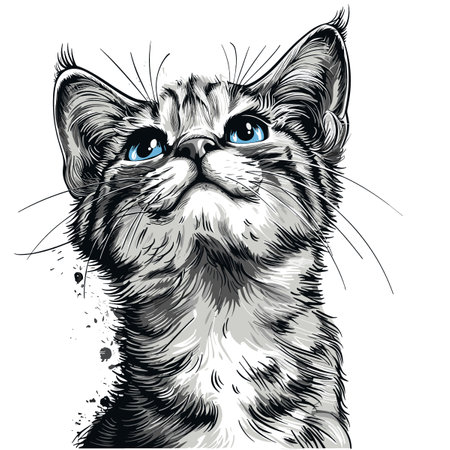 Vector drawing of a cat with blue eyes. Hand drawn vector illustration.のイラスト素材