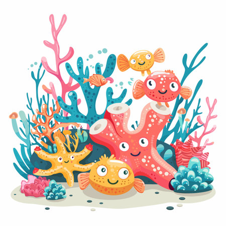 Cute cartoon colorful underwater world with corals and fish. Vector illustration.のイラスト素材