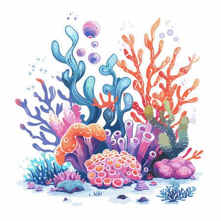 Underwater background with corals and algae. Vector illustration in cartoon style.のイラスト素材