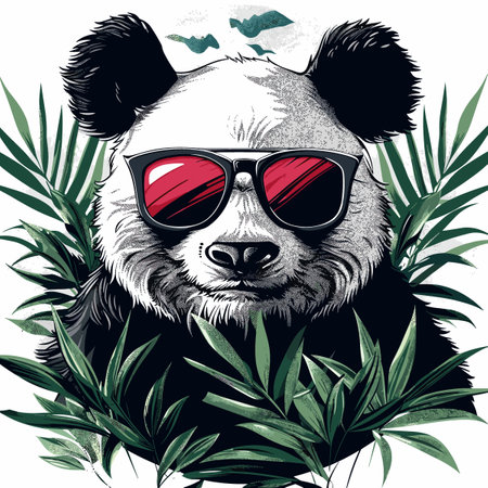 Vector illustration of a panda in sunglasses and palm leaves. Hand-drawn image.のイラスト素材