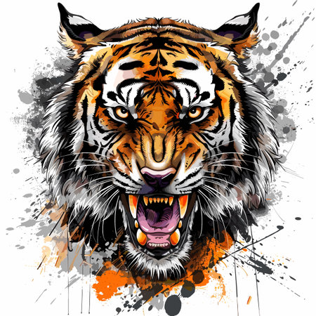 tiger head with grunge splashes on white background, vector illustrationのイラスト素材