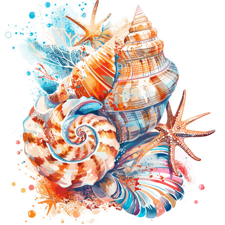Illustration of seashells and starfish with watercolor splashesのイラスト素材