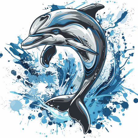 Dolphin jumping out of water splashes. Hand drawn vector illustration.のイラスト素材