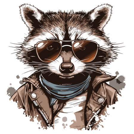 Portrait of a raccoon in a jacket and sunglasses. Vector illustration.のイラスト素材