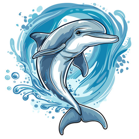 Dolphin jumping out of the water. Hand drawn vector illustration.のイラスト素材
