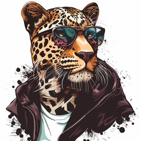 Portrait of leopard in sunglasses. Vector illustration on white background.