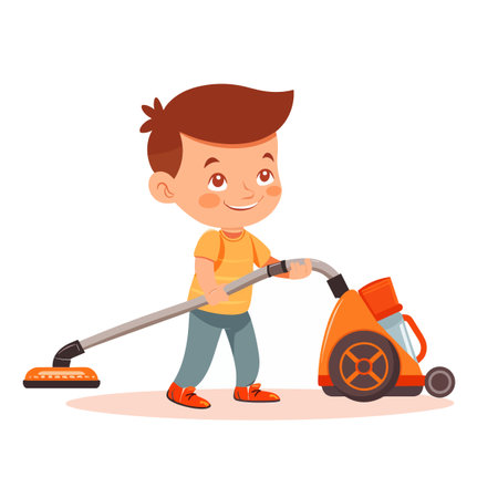 Cute little boy cleaning the floor with vacuum cleaner cartoon vector Illustrationのイラスト素材