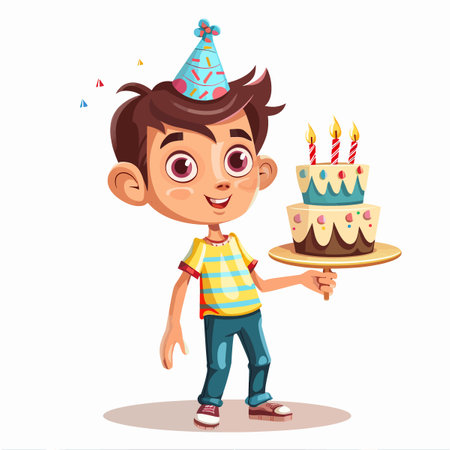 Cute little boy with birthday cake. Vector illustration in cartoon styleのイラスト素材