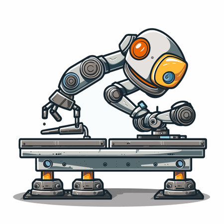 Robot on a conveyor belt. Cartoon vector illustration isolated on white background.のイラスト素材