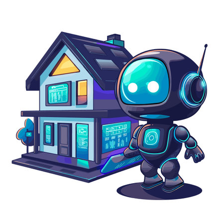 Robot and house. Cartoon illustration of robot and house vector icon for webのイラスト素材