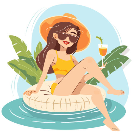 Vector illustration of a girl in a swimsuit with a cocktail on an inflatable circle.のイラスト素材