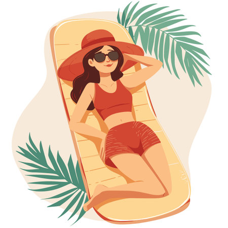 Young woman in red swimsuit and hat sunbathing on the sunbed. Vector illustrationのイラスト素材