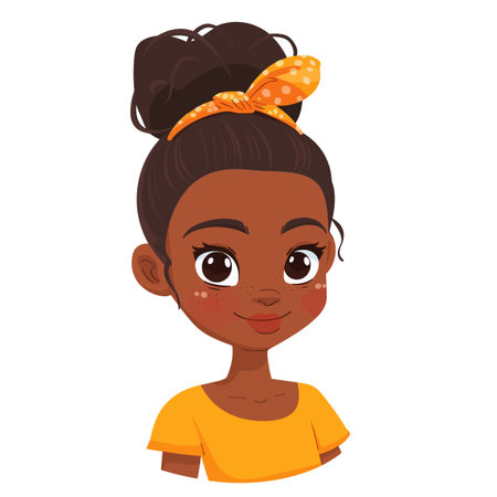 A cartoon girl with a yellow headband and a yellow shirt. She has a smile on her faceのイラスト素材