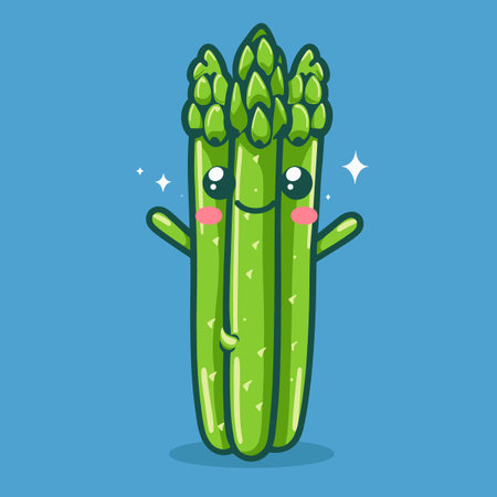 A cartoon asparagus is smiling and waving. The asparagus is green and has a happy expressionのイラスト素材