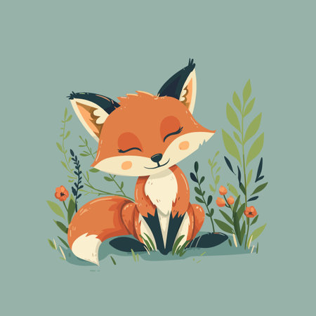 A cartoon fox is sitting in a field of flowers and looking up at the skyのイラスト素材