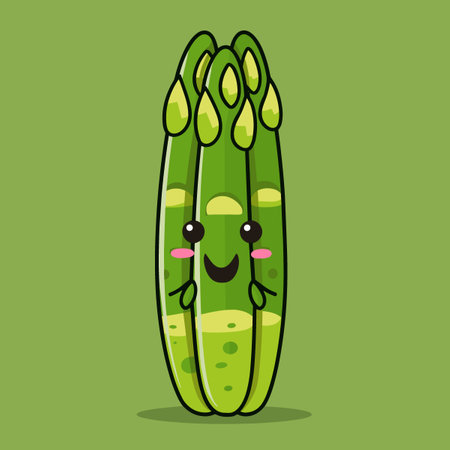 A cartoon asparagus with a smile on its face. The asparagus is green and has a happy expressionのイラスト素材