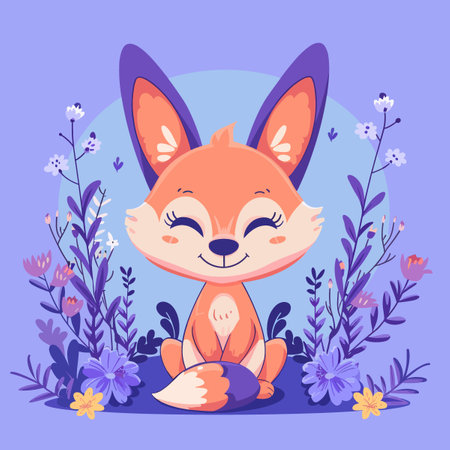 A cartoon rabbit is sitting in a field of flowers. The rabbit is smiling and he is happyのイラスト素材
