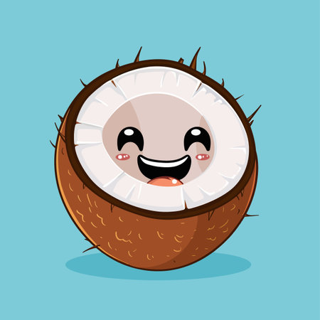A cartoon coconut is smiling and has a tongue sticking out. The coconut is on a blue backgroundのイラスト素材