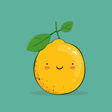 A cartoon lemon with a green leaf on top. The lemon is smiling and has a happy expressionのイラスト素材