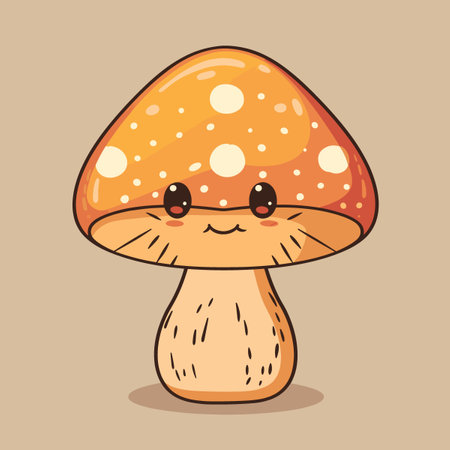 A cartoon mushroom with a smile on its face. The mushroom is orange and has white dots. It is sitting on a brown backgroundのイラスト素材