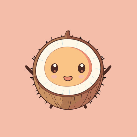 A cartoon of a coconut with a smiling face. The coconut is holding its arms up in the airのイラスト素材