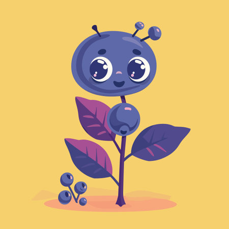 A cartoonish blue Bilberry is standing on a leaf. The bug is smiling and he is happyのイラスト素材