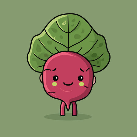 A cartoon vegetable beet with a green leaf on top of its head. The vegetable is smiling and he is happyのイラスト素材
