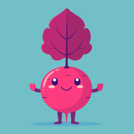 A cartoon vegetable beet with a leaf on top of it. The vegetable is smiling and has a happy expressionのイラスト素材