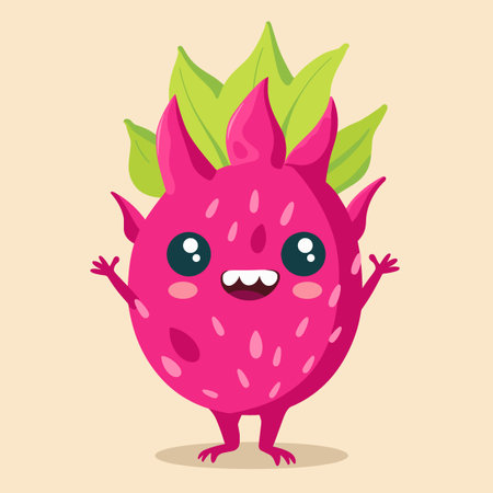 A cartoonish Dragonfruit with a green leaf on top. The fruit is smiling and has its mouth openのイラスト素材