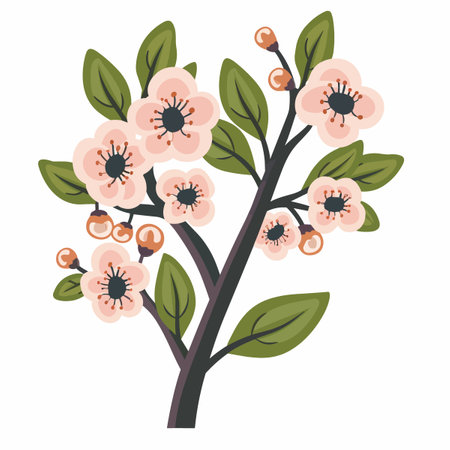A drawing of a tree with pink flowers. The flowers are small and are scattered throughout the tree. The tree is green and has a few leavesのイラスト素材