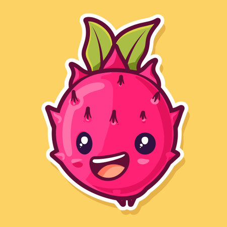 A cartoonish drawing of a red Dragonfruit with a green leaf on top. The fruit is smiling and he is happyのイラスト素材