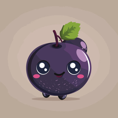 A cartoonish purple Bilberry with a green leaf on top. The fruit is smiling and he is happyのイラスト素材