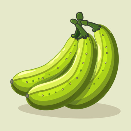Three green bananas are shown in a close up. The bananas are green and have a few spots on themのイラスト素材