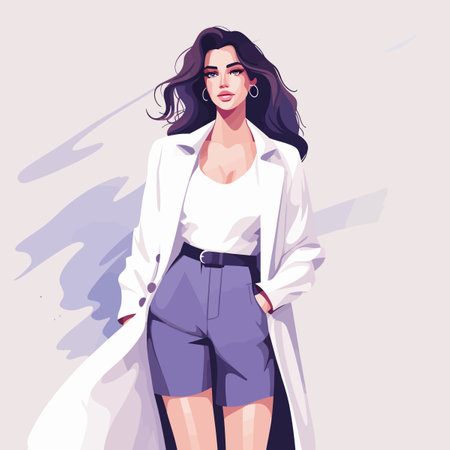 A woman in a white coat and blue shorts is standing in front of a white background. She has a confident and stylish appearance, and the outfit is suitable for a formal occasionのイラスト素材