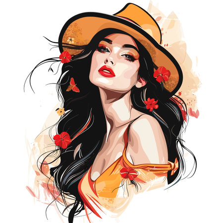 A woman with long black hair and a yellow hat. She is wearing red lipstick and has a flower in her hairのイラスト素材