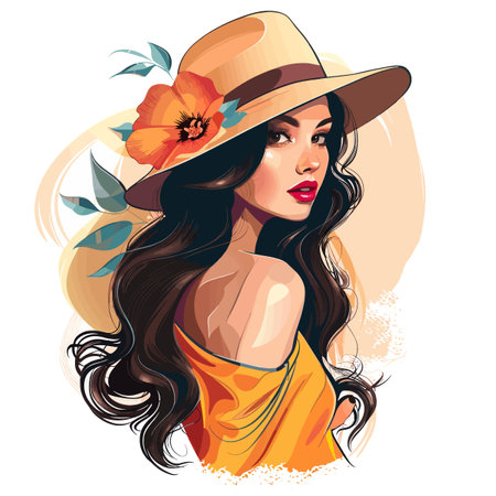 A woman with long hair and a yellow shirt is wearing a straw hat. The hat has a flower on itのイラスト素材