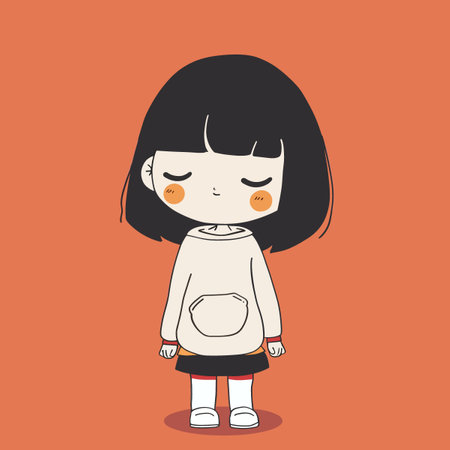 A cartoon girl is standing on a red background. She is wearing a white hoodie and white socksのイラスト素材
