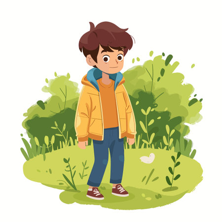 A boy is standing in a field of grass. He is wearing a yellow jacket and blue jeansのイラスト素材