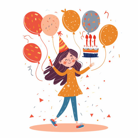 A girl is holding a birthday cake and balloons. She is wearing a party hat and smiling. The balloons are scattered around her, and the cake is in the background. The image conveys a festiveのイラスト素材