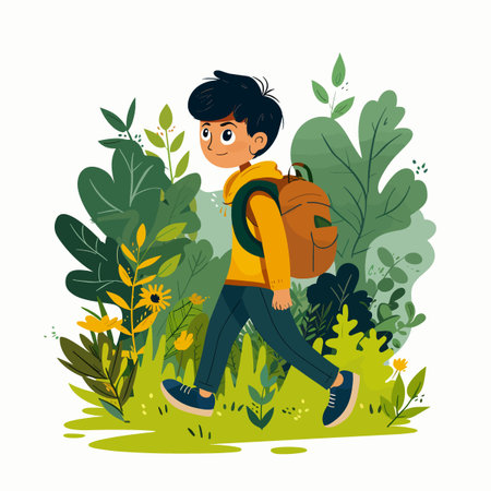 A boy is walking through a forest with a backpack on. The boy is smiling and he is enjoying his walk. The forest is lush and green, with many trees and plants surrounding the boyのイラスト素材