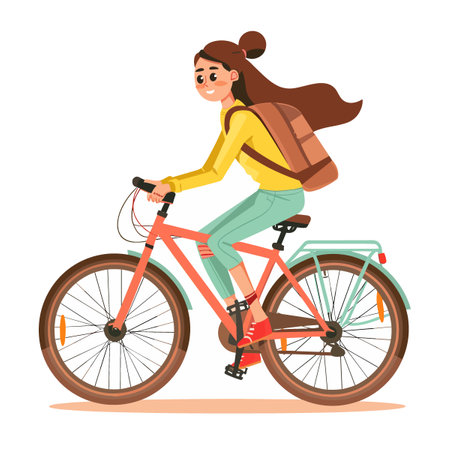 A girl is riding a bike with a backpack on. She is smiling and looking ahead. The bike is red and has a green seatのイラスト素材
