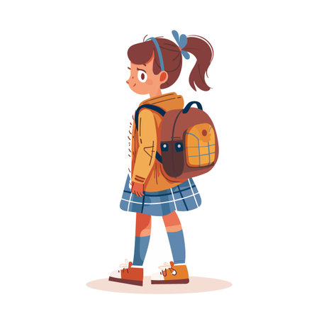 A girl wearing a yellow jacket and blue skirt is walking with a backpack on her back. She has a ponytail and is smilingのイラスト素材