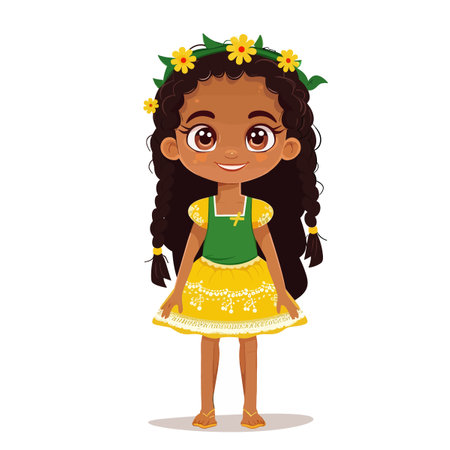 A young girl from Brazil wearing a yellow dress and a flower headband. She is smiling and looking at the cameraのイラスト素材