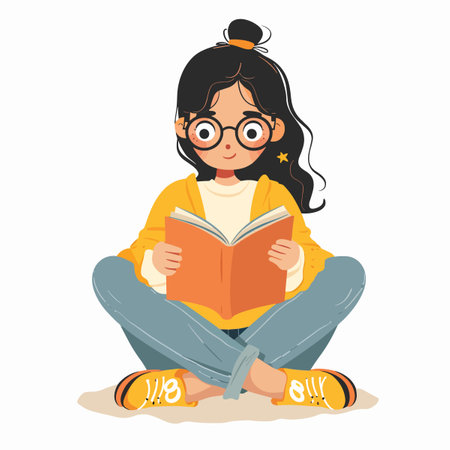 Cute little girl sitting and reading a book. Vector illustration.のイラスト素材