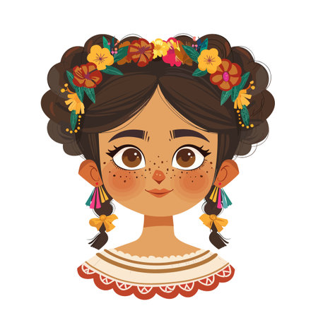 A girl with from Mexico a flower headband and a smile on her face. She has brown hair and is wearing a red and white dressのイラスト素材