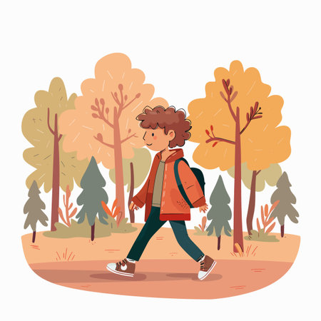 A boy is walking through a forest with a backpack on. The boy is smiling and he is enjoying his walk. The trees are tall and leafy, creating a peaceful and serene atmosphereのイラスト素材