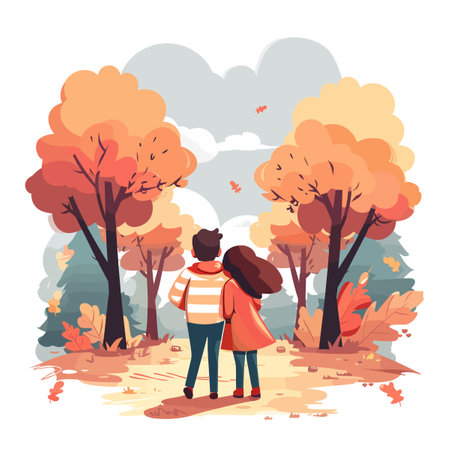 A couple is walking in a forest during the fall season. The man is wearing a striped shirt and the woman is wearing a red coat. The trees are full of leaves and the sky is cloudyのイラスト素材
