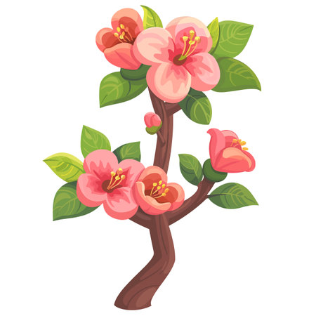 A pink Araza flower with green leaves is shown in a white background. The flower is the main focus of the image, and it is a small, delicate blossomのイラスト素材