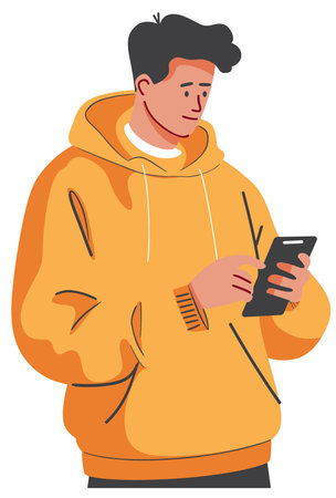 Young man in a yellow jacket with a mobile phone in his hands.のイラスト素材