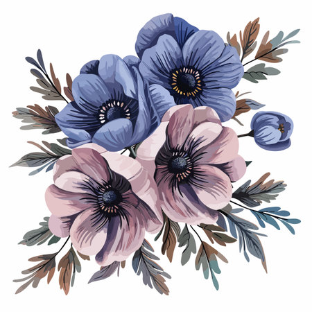 Hand drawn bouquet of blue and pink anemones. Vector illustration.のイラスト素材
